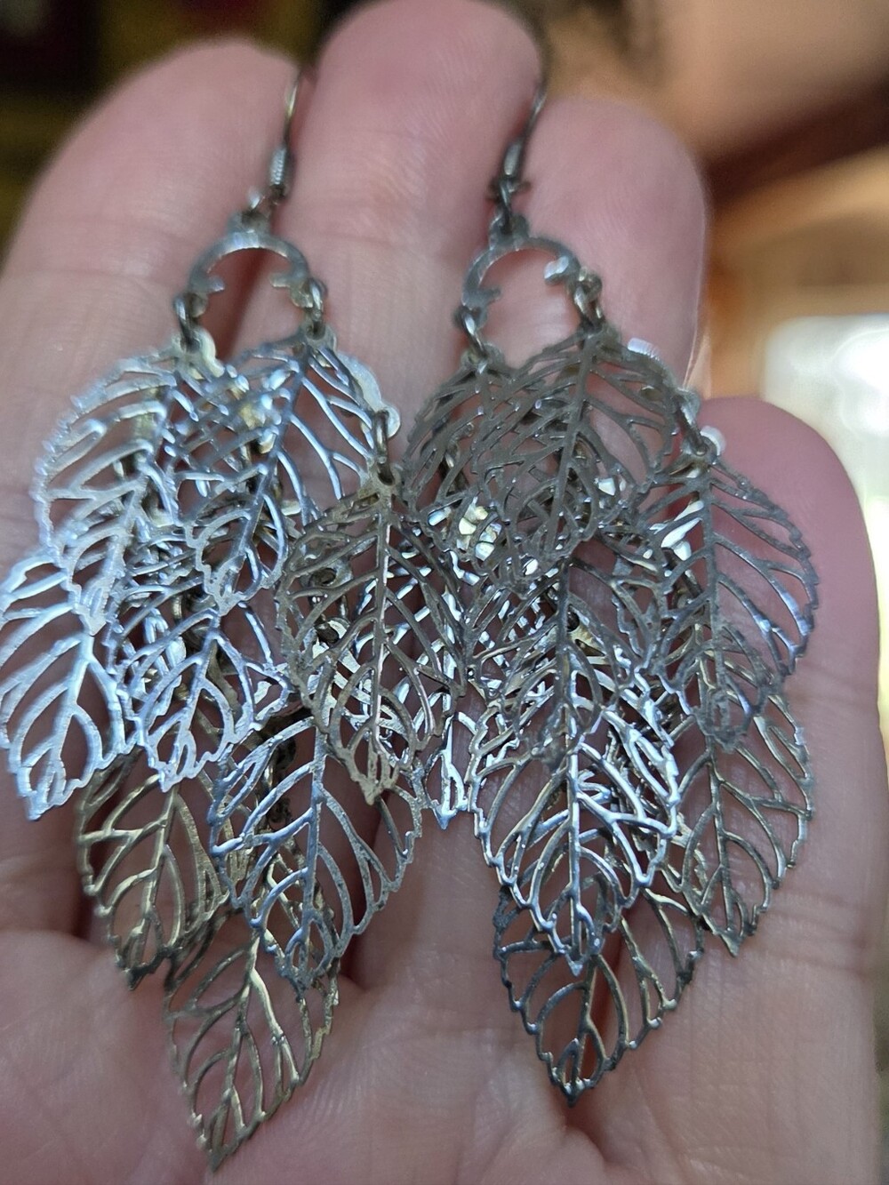Delicate Silver Leaf Dangle Earrings - Multi Leaf Cascade - Picture 6 of 6